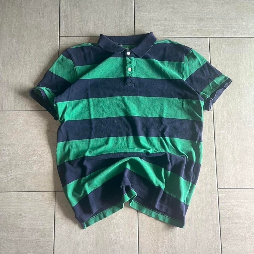 Gap Modern Pique Polo Shirt Mens XL Tall Navy Blue Green Striped Short Sleeve
